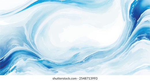 Uma mistura serena de ondas de aquarela suaves azuis e brancas, com camadas de tsunami dinâmicas e um arrojado toque tropical, tudo em um estilo de desenho animado plano.