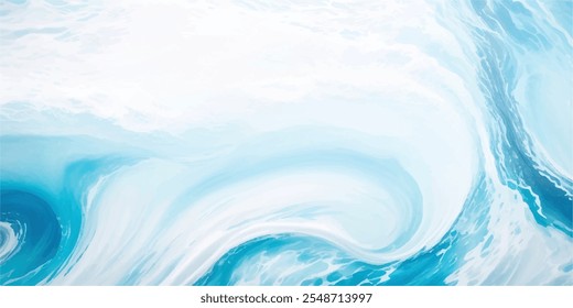 Una mezcla serena de suaves ondas de acuarela azul y blanca, con capas dinámicas de tsunami y un toque tropical audaz, todo en un estilo de dibujos animados planos.