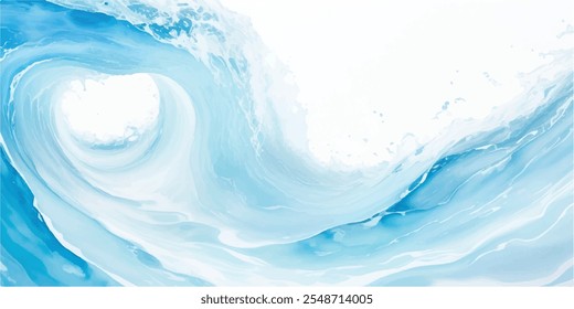 Uma mistura serena de ondas de aquarela suaves azuis e brancas, com camadas de tsunami dinâmicas e um arrojado toque tropical, tudo em um estilo de desenho animado plano.