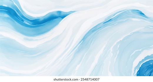 Una mezcla serena de suaves ondas de acuarela azul y blanca, con capas dinámicas de tsunami y un toque tropical audaz, todo en un estilo de dibujos animados planos.