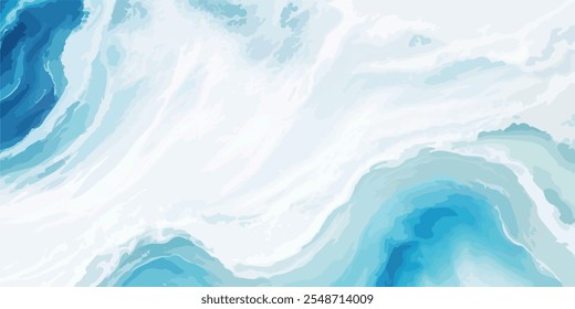 A serene blend of soft blue and white watercolor waves, with dynamic tsunami layers and a bold tropical splash, all in a flat cartoon style.