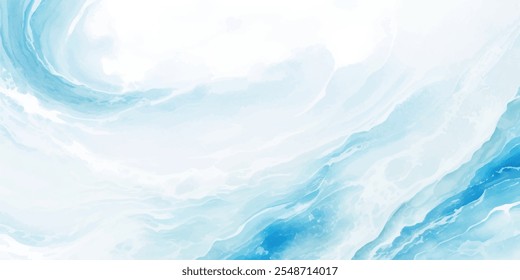 Uma mistura serena de ondas de aquarela suaves azuis e brancas, com camadas de tsunami dinâmicas e um arrojado toque tropical, tudo em um estilo de desenho animado plano.