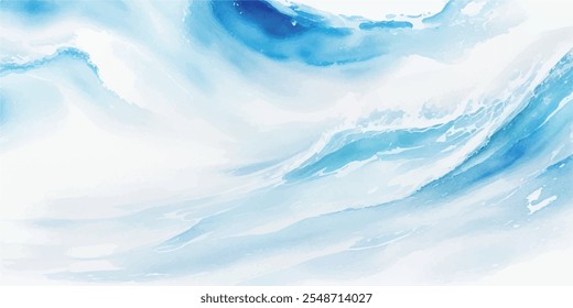 Uma mistura serena de ondas de aquarela suaves azuis e brancas, com camadas de tsunami dinâmicas e um arrojado toque tropical, tudo em um estilo de desenho animado plano.