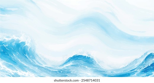 Uma mistura serena de ondas de aquarela suaves azuis e brancas, com camadas de tsunami dinâmicas e um arrojado toque tropical, tudo em um estilo de desenho animado plano.