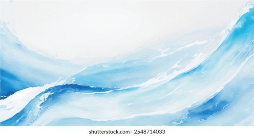 A serene blend of soft blue and white watercolor waves, with dynamic tsunami layers and a bold tropical splash, all in a flat cartoon style.