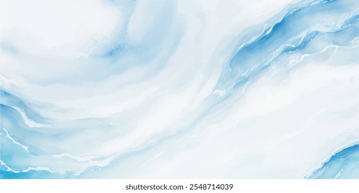 Una mezcla serena de suaves ondas de acuarela azul y blanca, con capas dinámicas de tsunami y un toque tropical audaz, todo en un estilo de dibujos animados planos.