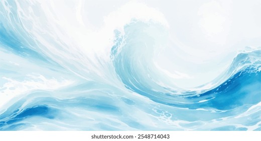 Una mezcla serena de suaves ondas de acuarela azul y blanca, con capas dinámicas de tsunami y un toque tropical audaz, todo en un estilo de dibujos animados planos.