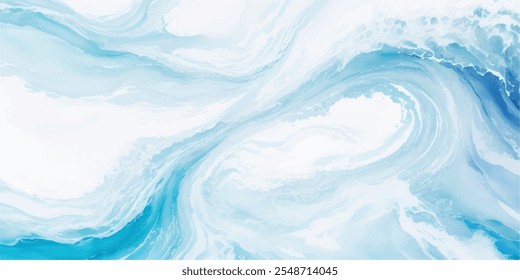 Una mezcla serena de suaves ondas de acuarela azul y blanca, con capas dinámicas de tsunami y un toque tropical audaz, todo en un estilo de dibujos animados planos.