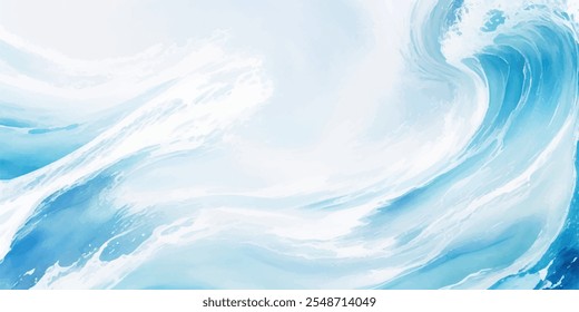 Una mezcla serena de suaves ondas de acuarela azul y blanca, con capas dinámicas de tsunami y un toque tropical audaz, todo en un estilo de dibujos animados planos.