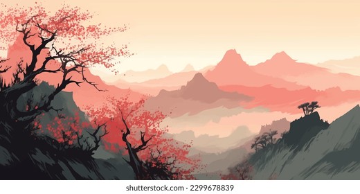 Serene Blossoming Mountainscape  A Sumi e Ink Painting of Young Trees and Sakura with  Happiness  Hieroglyph