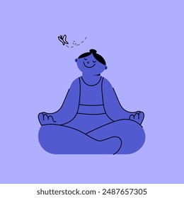 Serene blue character sitting cross-legged in meditation pose with a butterfly hovering above. Creative vector illustration. Mental health wellness. Concept of health care, well-being. Hand drawn