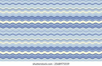 Serene blue and cream wavy stripes background. Perfect for website banners, textile prints, or packaging design. This calming, seamless pattern evokes feelings of peace and tranquility.