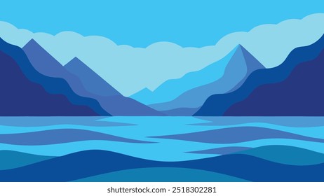 Un océano azul sereno con suaves olas, enmarcado por majestuosas montañas aisladas de Ilustración vectorial plana sobre fondo blanco.