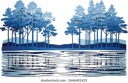Serene Blue Pine Forest Lake Reflection Abstract Nature Wall Art