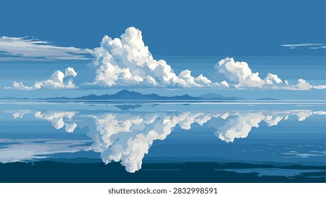 Serene Blue Sky, Fluffy Clouds, and Lake Reflection Vector Art