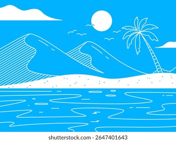 Uma paisagem azul e branca serena apresenta uma cena de praia intocada, onde dunas rolantes encontram o mar tranquilo sob o brilho quente do sol.