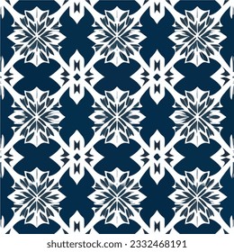 Serene blue and white pattern features snowflakes gracefully arranged in a symmetrical manner. This seamless and delicate damask pattern, often used in fabric design, captivates with.