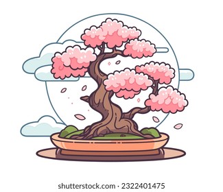 A serene bonsai tree surrounded by cherry blossom petals