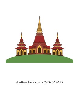 Serene Buddhist temple complex with red and gold pagodas and spires on a green hill, conveying peace and spirituality