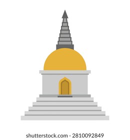 Serene Buddhist temple with a vibrant yellow dome and gray stupa on a white background, symbolizing peace and spirituality