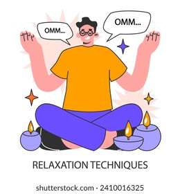 Serene businessman practices relaxation techniques sitting in a lotus yoga position. Mindful meditation. Centered balance. Flat vector illustration.