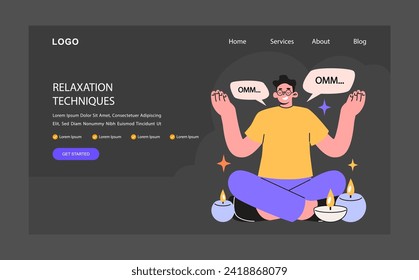 Serene businessman practices relaxation techniques sitting in a lotus yoga position night or dark mode web banner or landing page. Mindful meditation. Centered balance. Flat vector illustration.