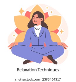 Serene businesswoman practices relaxation techniques sitting in a lotus yoga position. Mindful meditation. Centered balance. Flat vector illustration.