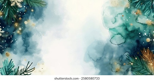 Serene calmness of a snowy holiday scene. Watercolor texture festive yet tranquil atmosphere vector background. Colorful ornaments and snowy details of holiday cheer, for creative projects 