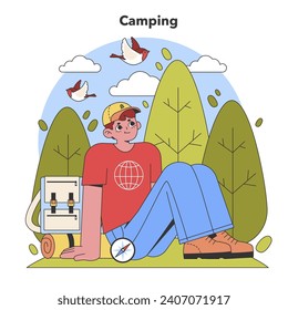 Serene Camping Escape. Relaxed camper with backpack enjoys peaceful nature, surrounded by birds and lush greenery. Essence of outdoor tranquility. Flat vector illustration