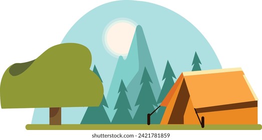 
A serene camping scene amidst majestic mountains, with tents blending into the natural surroundings, surrounded by towering pine trees