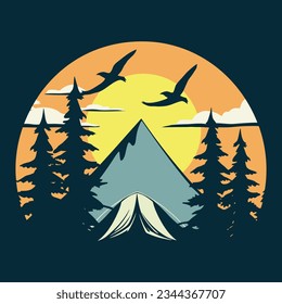 Serene camping scene and mountains in detailed vector illustration.