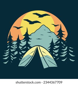 Serene camping scene and mountains in detailed vector illustration.