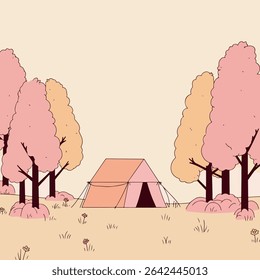 A serene camping scene with a tent nestled among stylized trees and wildflowers in a minimalist illustration.
