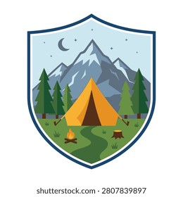 Serene camping scene with yellow tent, campfire, and majestic snow-capped mountains under starry night sky
