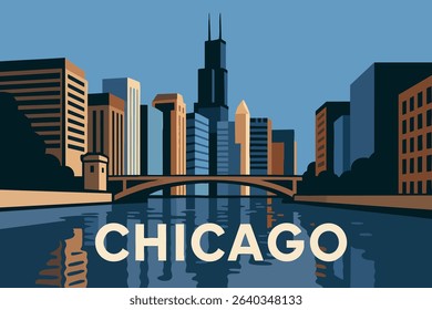 A serene and captivating view from the Chicago River Walk, showcasing the stunning reflections of the city’s skyline on the water, creating a peaceful yet dynamic atmosphere.