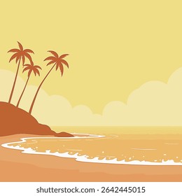A serene cartoon beach scene with palm trees, gentle waves, and a warm, sunny sky, evoking a sense of relaxation and tropical paradise.
