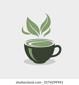 A serene cartoon green tea cup with a peaceful smile, soft steam rising above, shaped like a delicate tea leaf