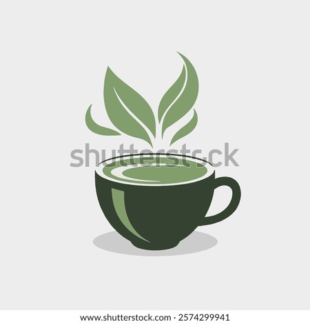 A serene cartoon green tea cup with a peaceful smile, soft steam rising above, shaped like a delicate tea leaf