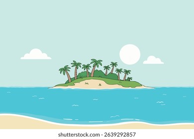 A serene cartoon illustration of a tropical island with palm trees, surrounded by turquoise water under a bright sky.

