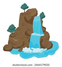 Serene cartoon landscape illustration of a tranquil waterfall cascading down a mountain in a serene environment with trees and a clear, placid stream  vector illustration