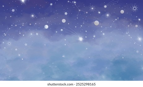 A serene celestial night sky vector with constellations, planets, stars, and a soft blue cloudy gradient. Ideal for space-themed designs, dreamy backgrounds, and cosmic illustrations.