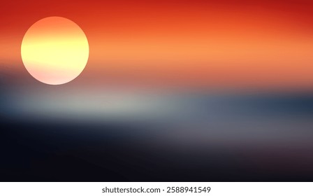 Serene celestial sphere at dusk, gradient background with the sun's orb creating a peaceful and dreamy ambience against muted ocean horizon under a fiery sky