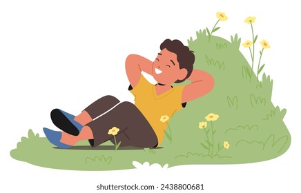 Serene Child Boy Character Lounges On A Lush, Verdant Spring Meadow, Enveloped In The Warmth Of The Sun, Surrounded By A Tranquil Harmony Of Nature Embrace. Cartoon People Vector Illustration