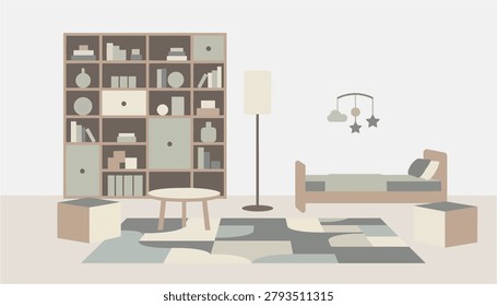 Serene children's bedroom interior design. Soft muted tones create a tranquil atmosphere ideal for parenting content and decor concepts.