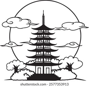 A serene Chinese pagoda silhouette under a glowing full moon, surrounded by soft clouds, creating a peaceful and mystical atmosphere perfect for tranquil and oriental-inspired imagery.