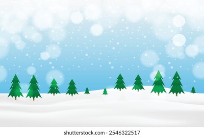 serene Christmas scene featuring a snowy hill with a decorated tree, and gentle snowflakes falling in the peaceful winter landscape. Ideal for holiday designs and seasonal illustrations