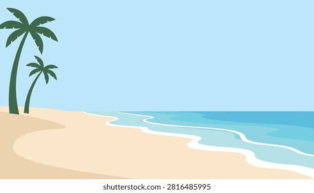 Serene coastal landscape featuring a sandy beach turquoise waves and palm trees against a clear sky for vacation and travel themes.