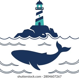 A serene coastal scene featuring a whale swimming near a lighthouse on rocky shores