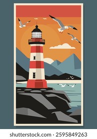 Serene Coastal Scene with Lighthouse and Seagulls