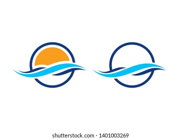 Serene Coastal Sunset Logo: Minimalist Blue Wave and Sun Circle Design, Two Variations